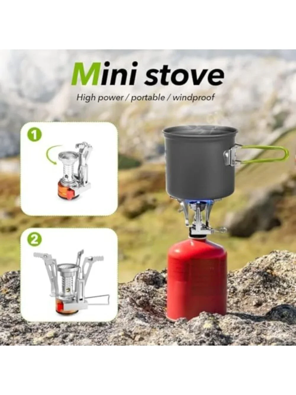Camping Cookware Set with Tripod, Stainless Steel Cup, Fork & Spoon for Hiking